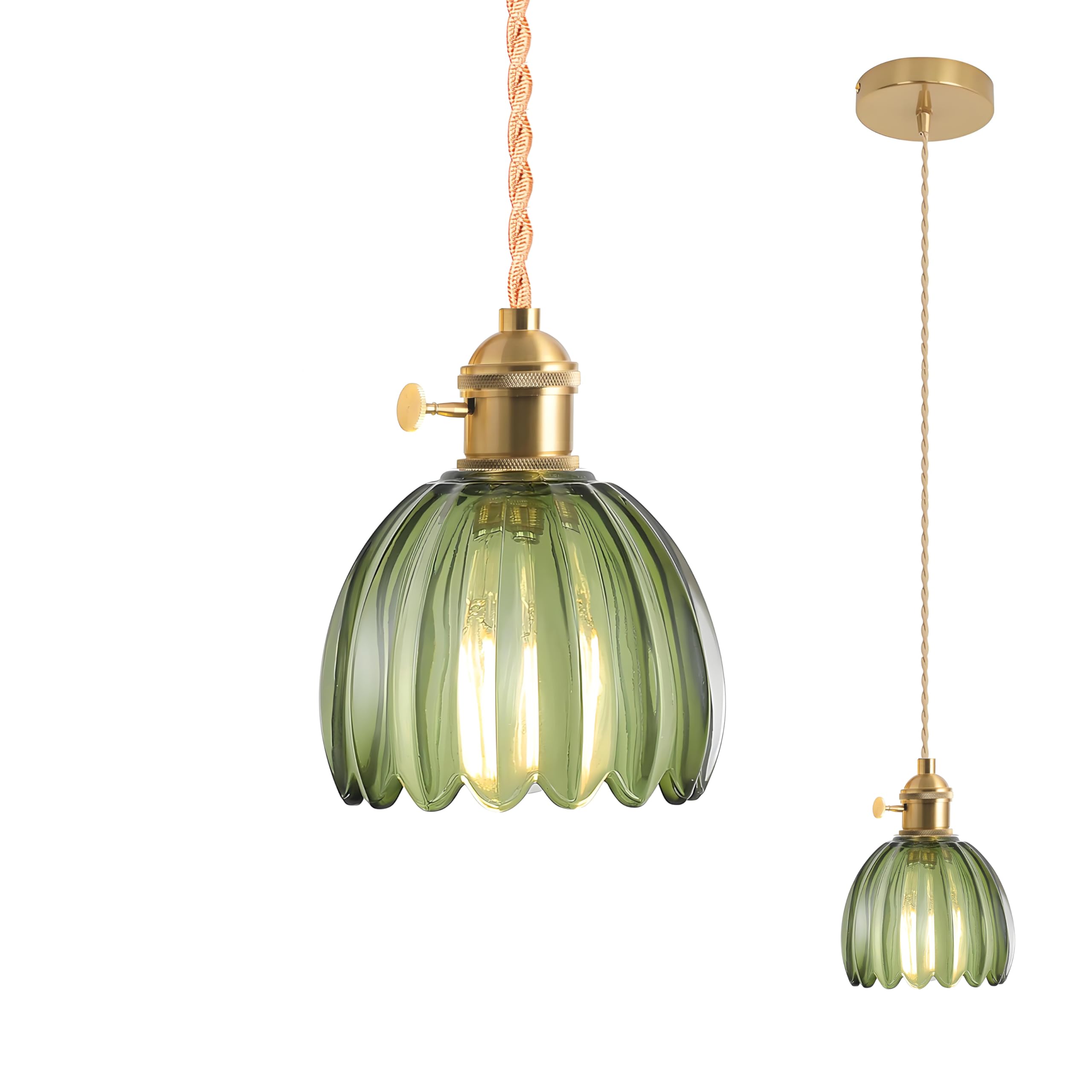 LFsem Mini Flower Glass Pendant Light, Brass E27 Socket with Switch, 150cm Adjustable Cord