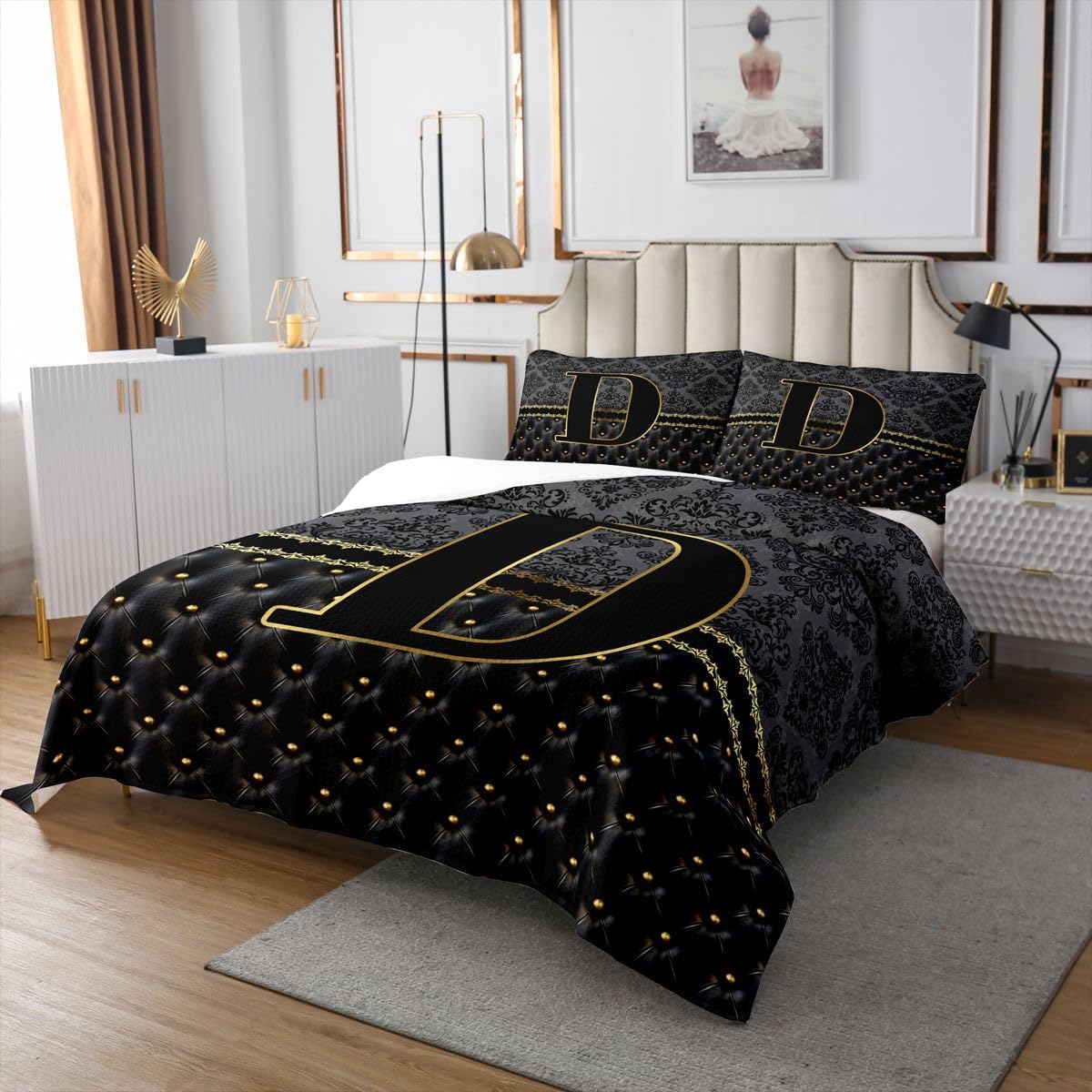 jejeloiu Black and Yellow Damask Bedspread Twin Size Personalized Initial Letter D Coverlet Set Floral Glitter Quilted Coverlet for All Season with 1 Pillowcase Jacquard Microfiber Lightweight