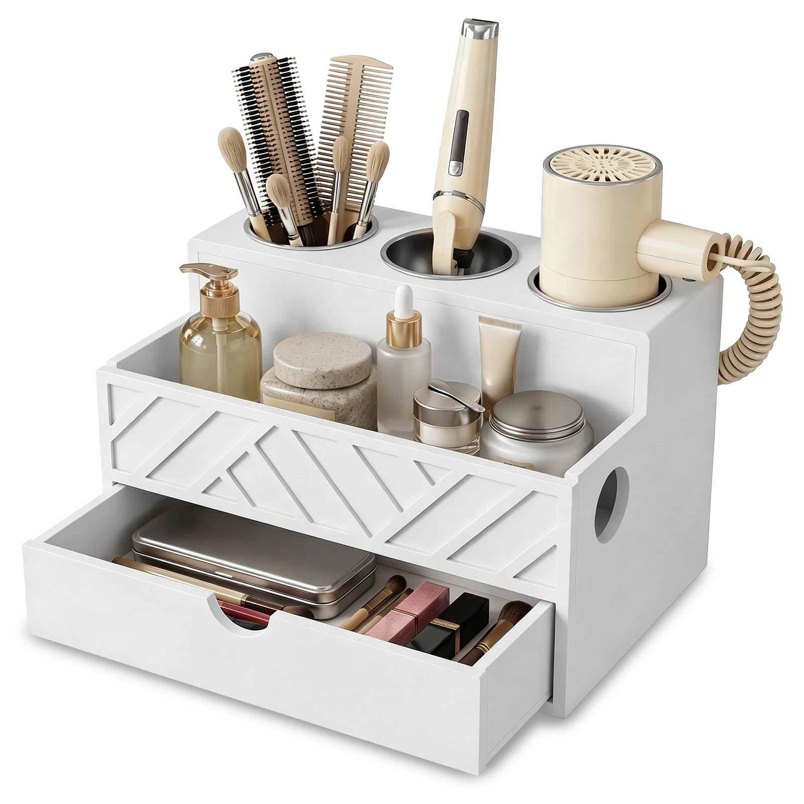GUIJZSLTRG Hair Tool Organizer, Hair Blow Dryer Holder Countertop, Removable Hairs Brush Storage Stand Countertop Makeup Accessories Organiser for Dressing Table and Bathroom(White,3 layers)