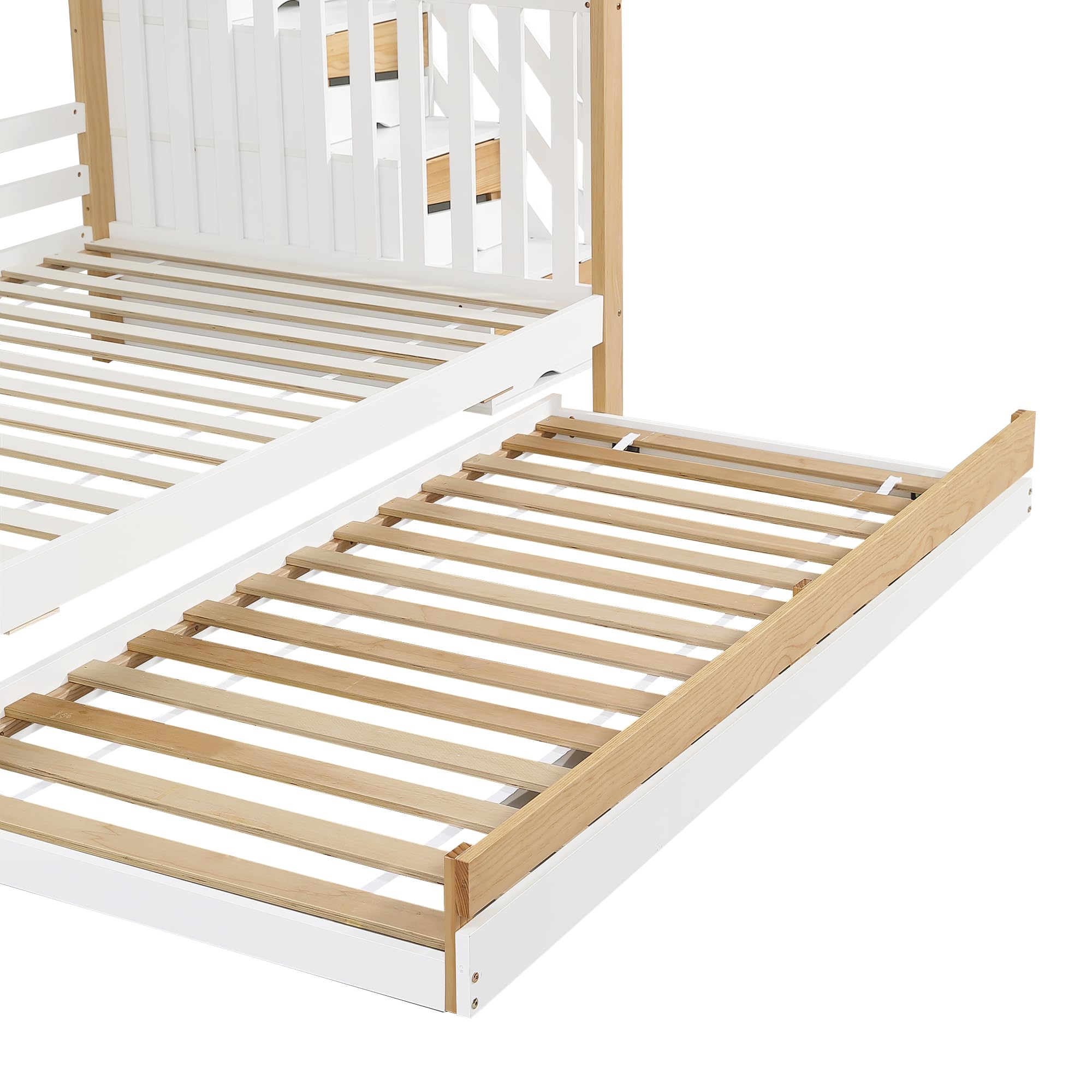 Letto a castello 90 x 200 e 120 x 200 cm, con letto a rotelle, design speciale di rivestimento della porta, scala angolare, pino+MDF, bianco e naturale