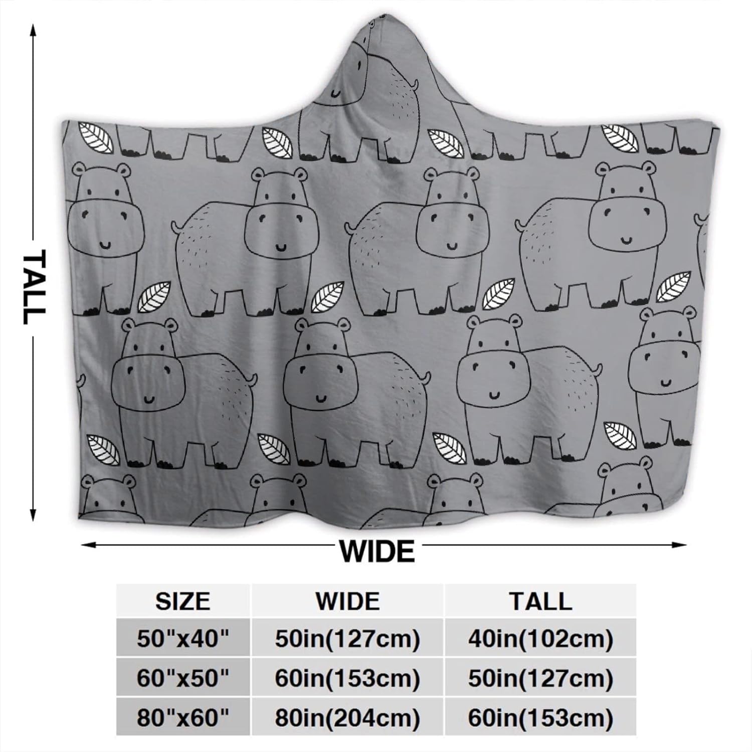 ARAHANT Cute Hippo Hooded Blanket, Cartoon Animal Hooded Blanket, Hippopotamus Gift for Kid, Flannel, Soft and Comfortable, Suitable for Sofa, Living Room, Bedroom, 60'' x 80'' for Adult