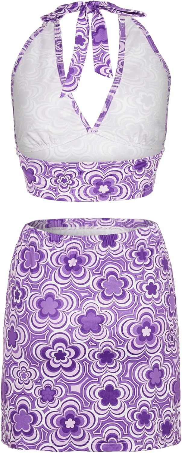 Verdusa Women's 2 Piece Outfit Floral Crop Halter Top and Split Bodycon Sets - Image 2