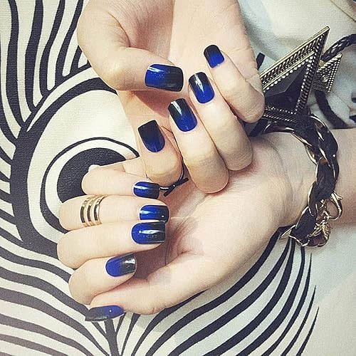 Miniatura 5 de SIUSIO Juego de 24 uñas postizas negras de cobertura completa corta degradada, capa superior azul, uñas postizas cubiertas de gel para mujeres y