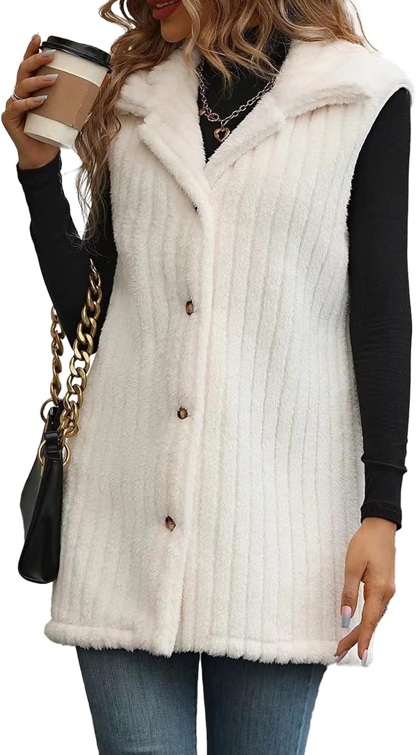 Costaric Women's Sleeveless Lapel Sweater Pure Colour Button Loose Vest Tops Medium Long Casual Jacket Coats