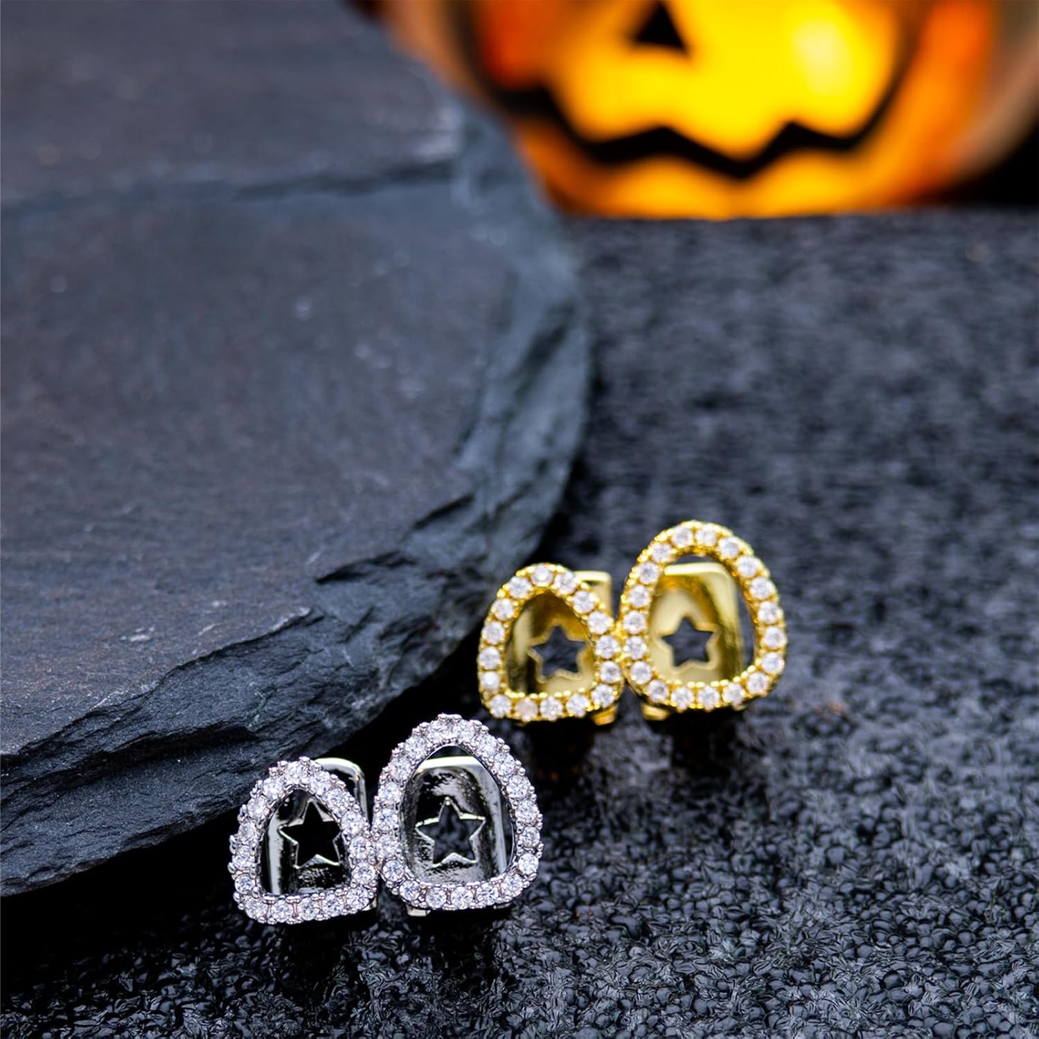 2PCS Teeth Grillz Show one's Teeth personality street rap Suitable Halloween Holiday Gift Grills Daily wear 18K Gold Plated Hip Hop For Men & Women