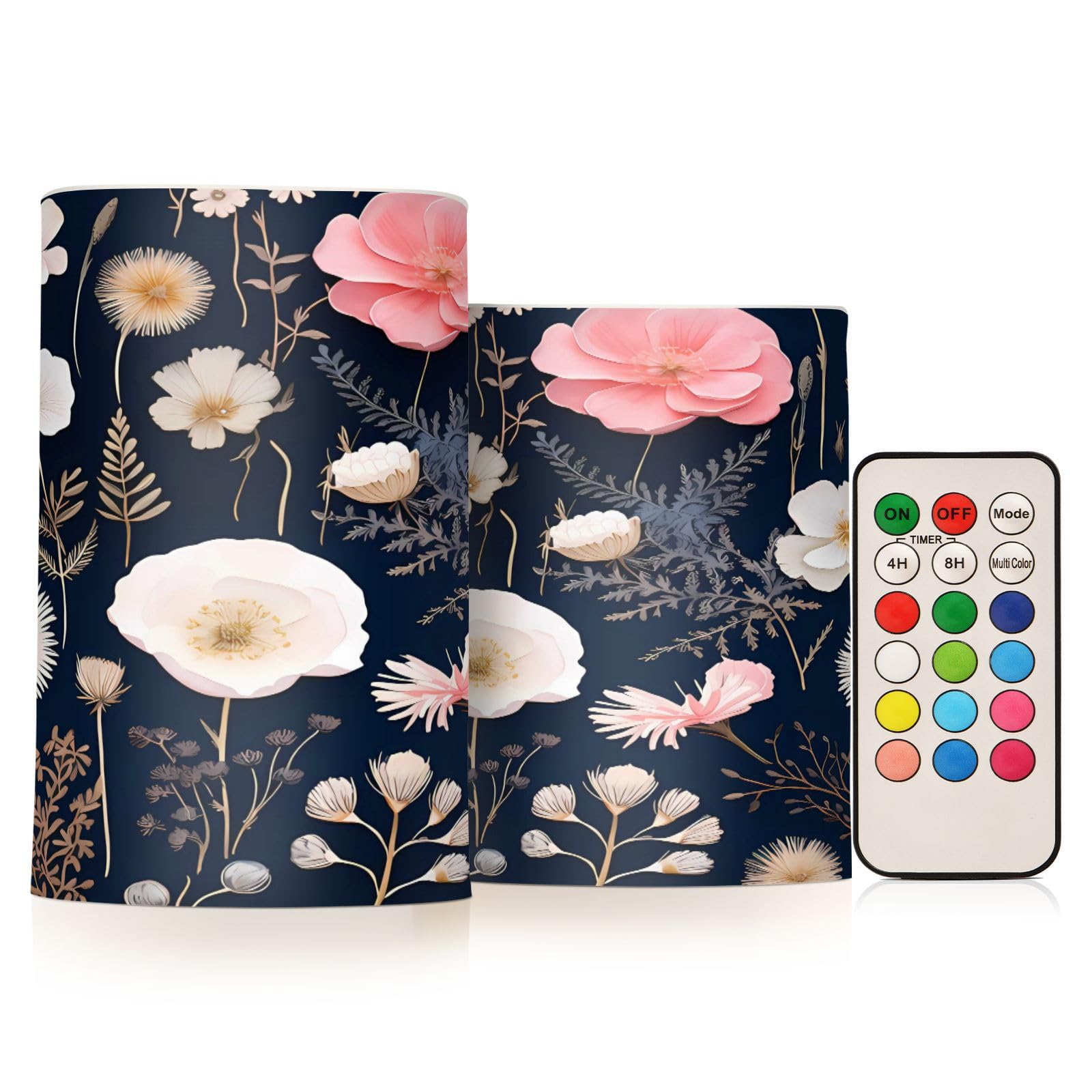 ALAZA Pink White Flowers Flickering Flameless Candles Battery Operated with Remote Timer,Tea Light Candles LED Pillar Votive Candles Set of 2 for Outdoor Indoor Decorations