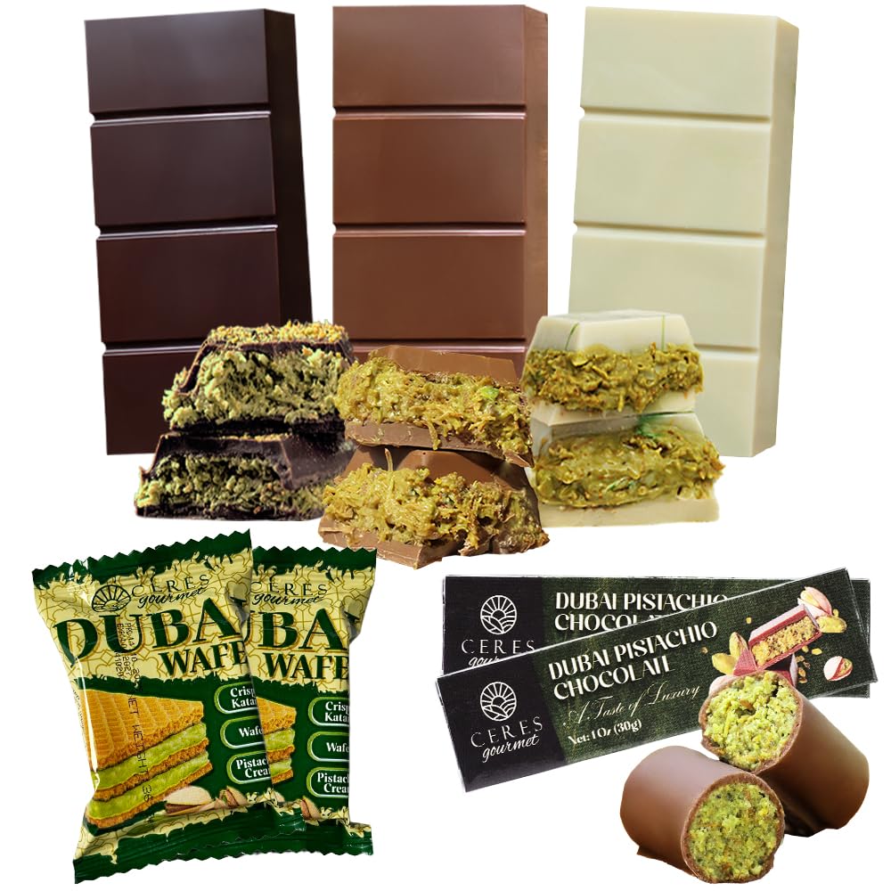 Dubai Chocolate Variety Pack – 7 pack, 3 Milky, Dark & White Chocolate + 2 Dubai Wafers + 2 Mini Bars – Elegant Gift Box, Middle Eastern Dessert Sampler