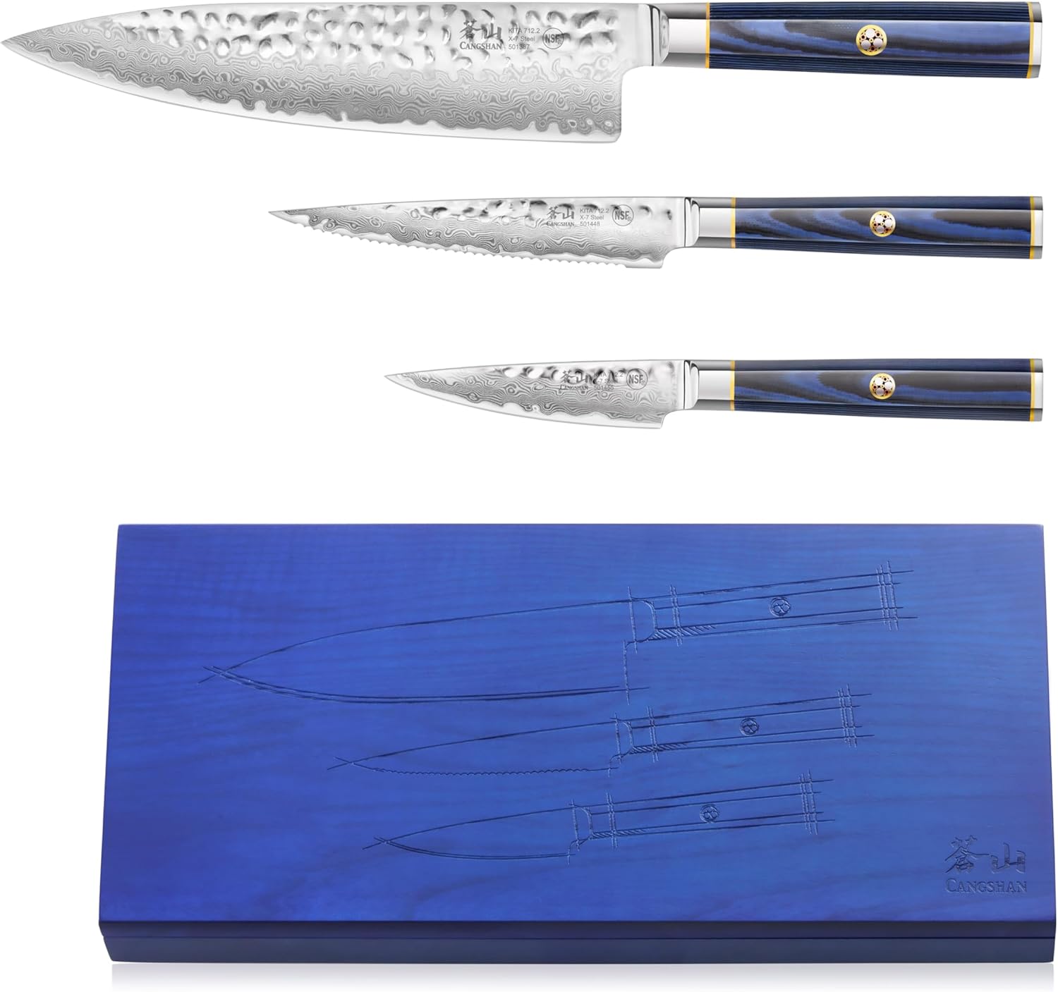 Cangshan KITA Series 3-Piece Starter Knife Set (8" Chef + Serr. Utility + 3.5" Paring) High Carbon X-7 Damascus Steel Blades with Ash Wood Box, 501530 (3pc) - Thumbnail 2