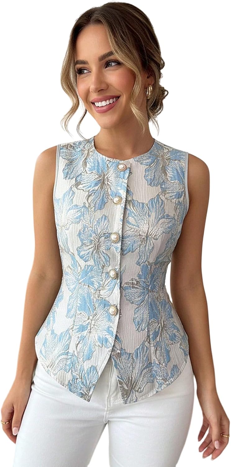 Women's Vintage Floral Button Up Vest Tops Summer Tie Back Crew Neck Sleeveless Dressy Casual Shirts