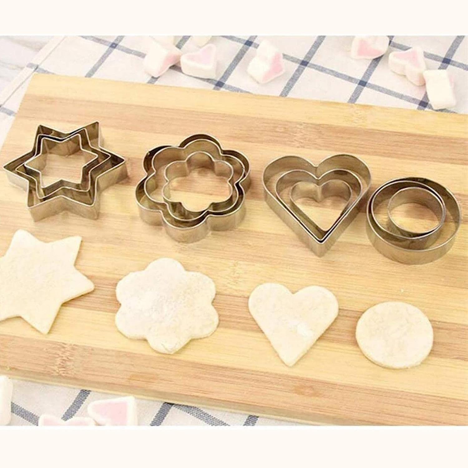 12 Piece Stainless Steel Cookie Cutter, Metal Cake Vegetable Fruit Biscuit Cutters Molds Set, Hearts Flowers Stars Round Shape, Silver 3
