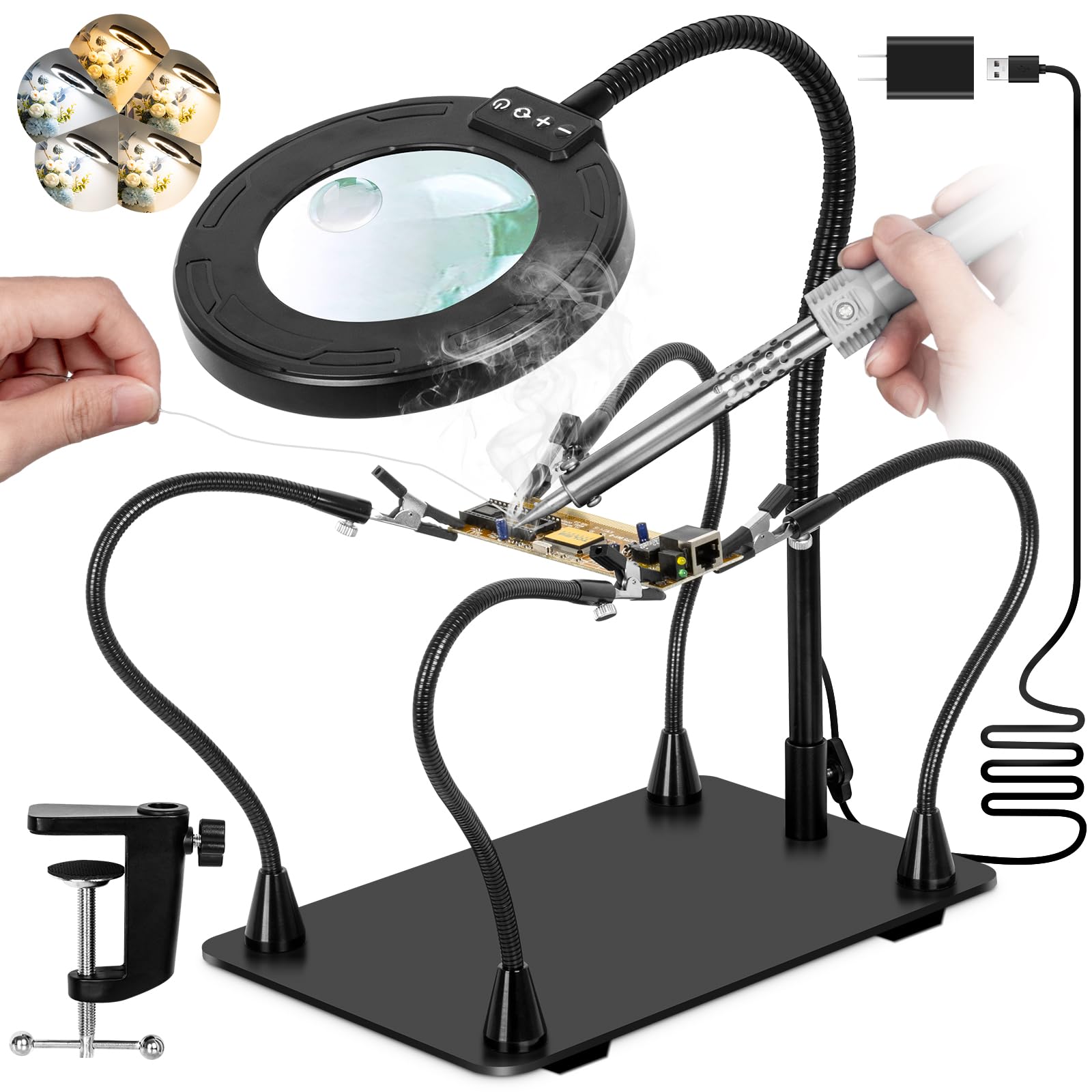 Estación de soldadura bifocal 30X/12X con luz para reparación electrónica, manualidades, pasatiempos, brazos magnéticos de PCB de 14.17 pulgadas, lámpara LED de atenuación continua de 5 colores
