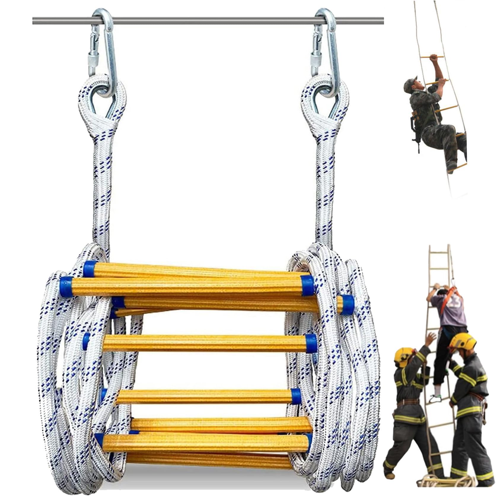Échelle de corde ignifugée de 20 m en fibre haute ténacité avec 2 crochets d'acier