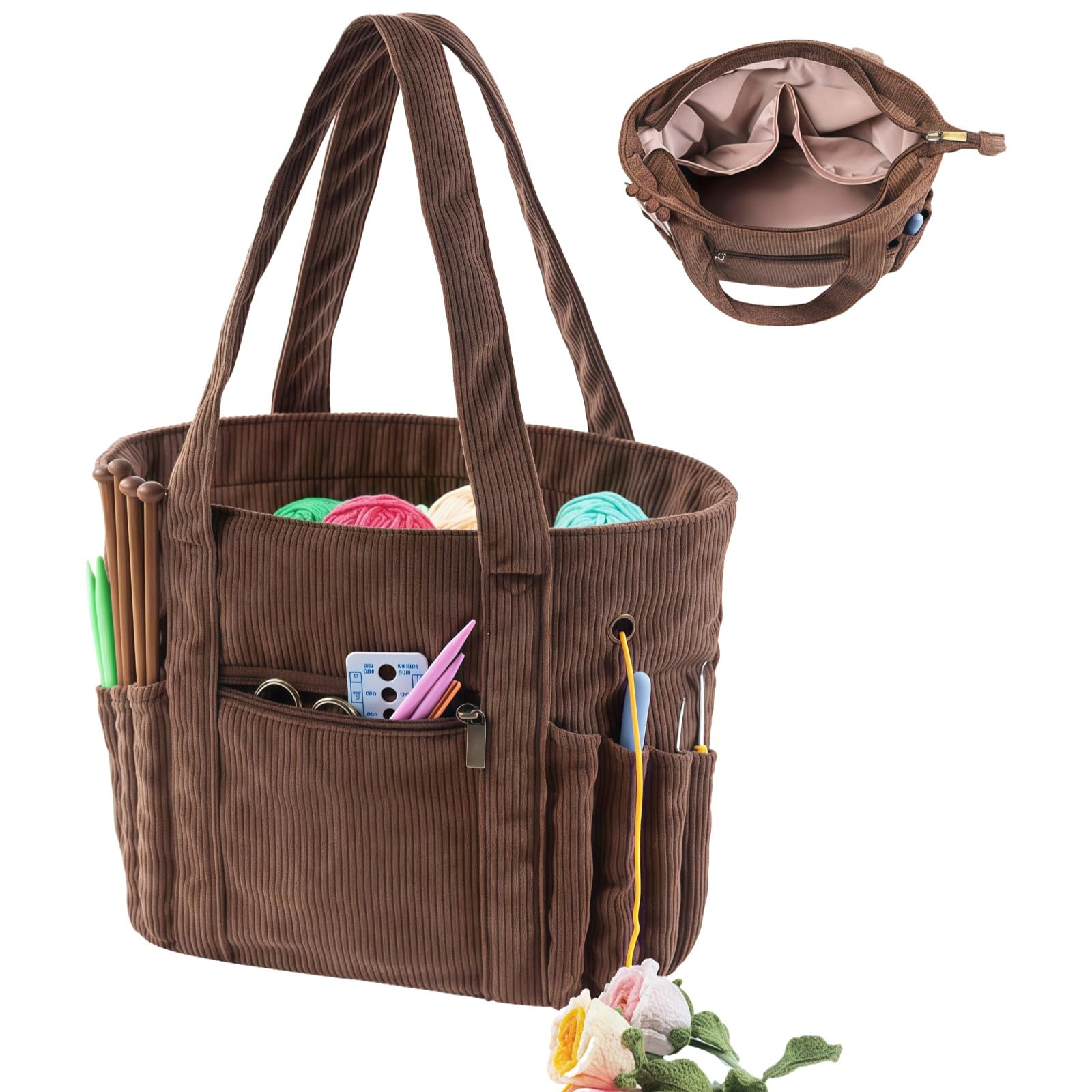 Packool Crochet Yarn Bag, Portable Vintage Corduroy Crochet Storage Bag Knitting Bag Crochet Tote Bag with Zipper for Crochet Lovers
