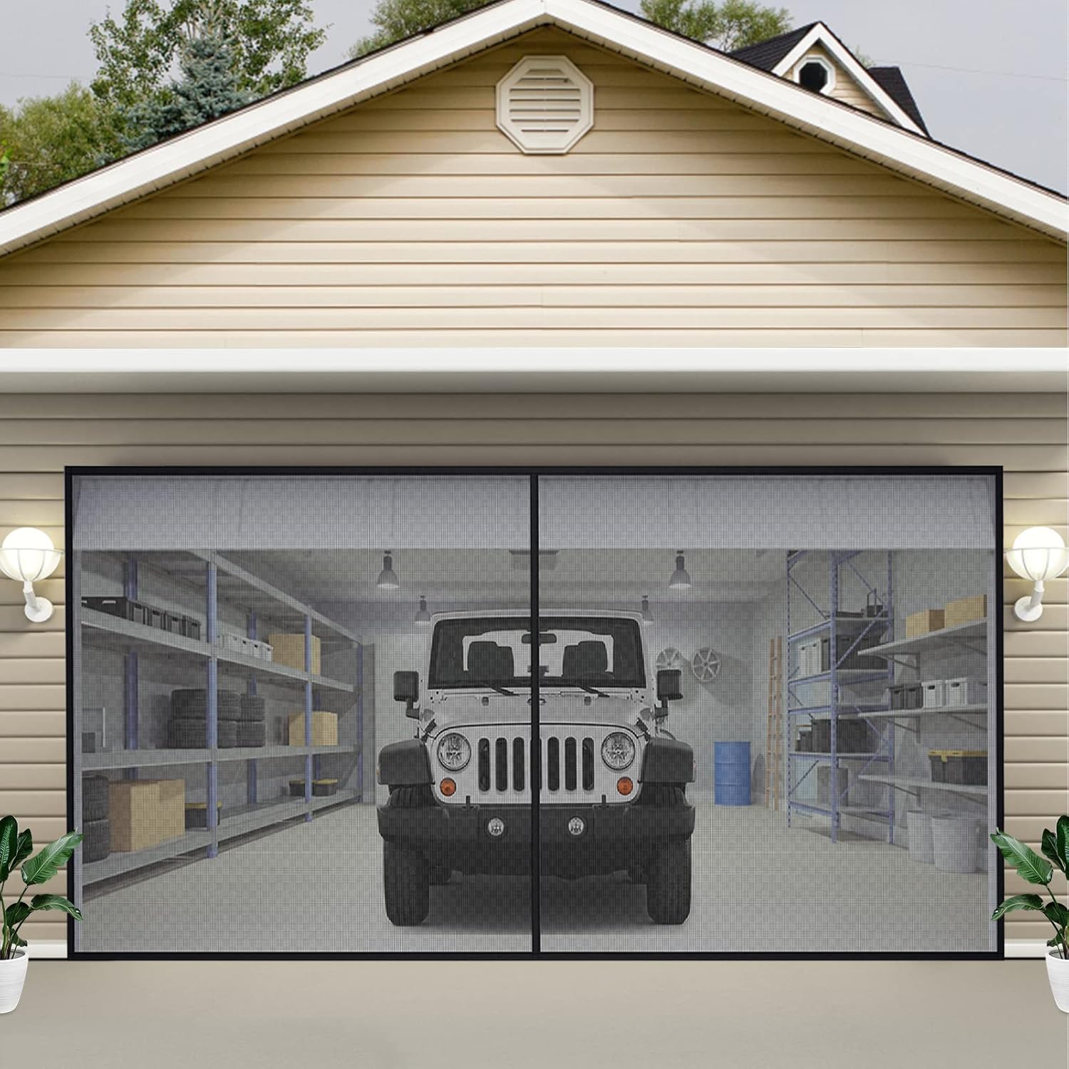 VEVOR Garage Door Screen, 16 x 7 ft for 2 Cars, 5.2 lbs Heavy-Duty Fiberglass Mesh for Quick Entry with Self Sealing Magnet and Weighted Bottom, Kids / Pets Friendly, Easy to Install and Retractable - - 