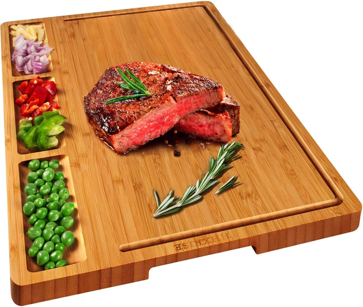 HHXRISE Large Bamboo Cutting Board With 3 Built-In Compartments And Juice Grooves