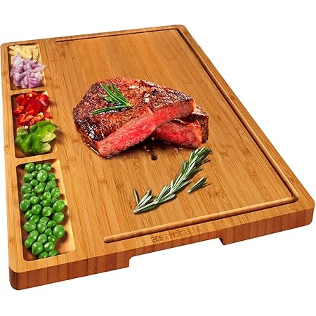 HHXRISE Large Bamboo Cutting Board With 3 Built-In Compartments And Juice Grooves - Kitchen Chopping Board for Meat (Butcher Block) Cheese and Vegetables(XXL 19.7x14'')…