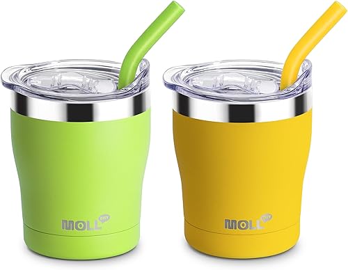 Vaso aislado con pajita, vaso de acero inoxidable de doble pared con tapa, vaso de café para niños (amarillo, verde manzana)