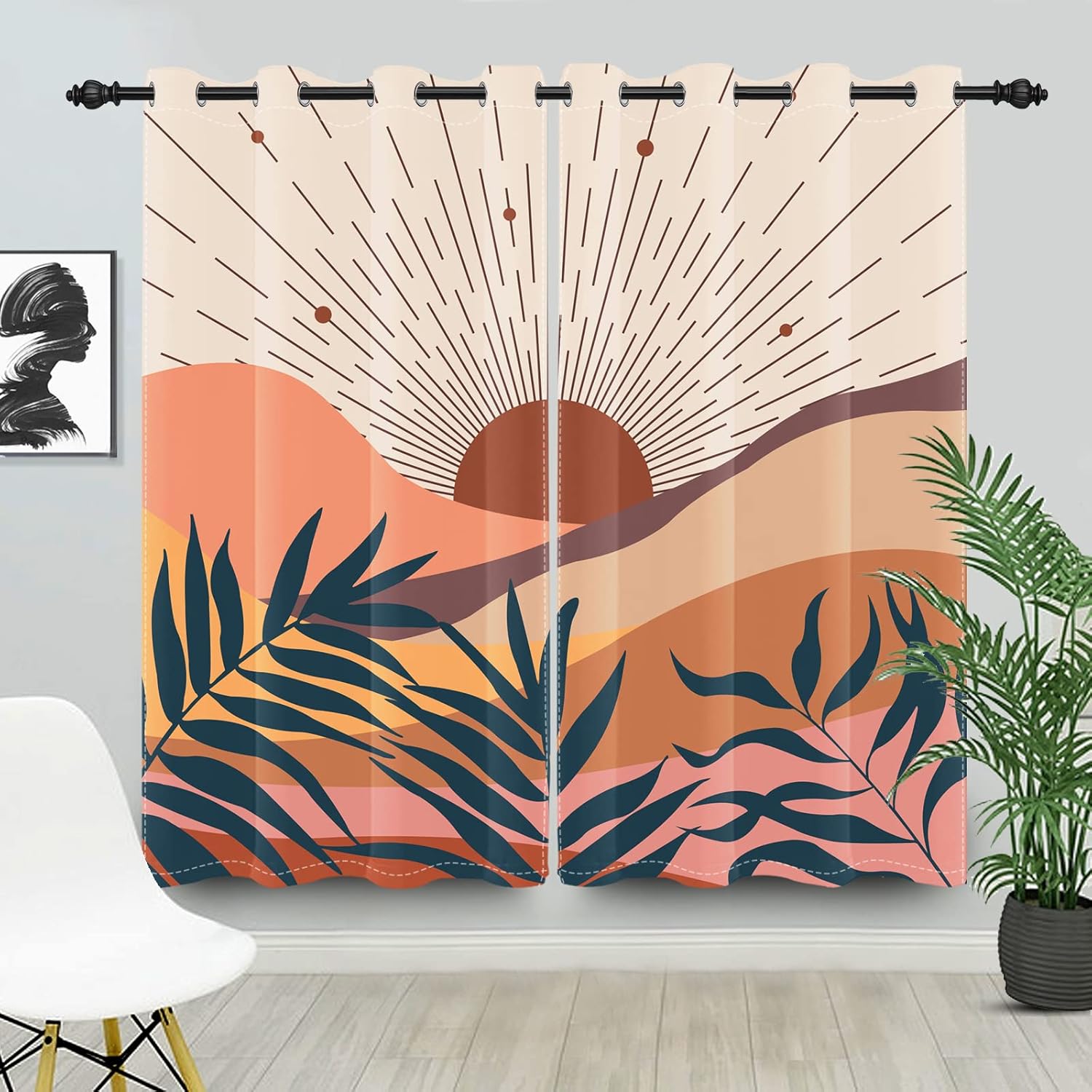 Yeele 53x96inches Boho Sunrise Window Curtains Abstract Terracotta Mountain Aesthetic Leaves Mid Century Window Drapes 2 Panels Set Room Darkening Grommet Window Treatments for Living Room Bedroom