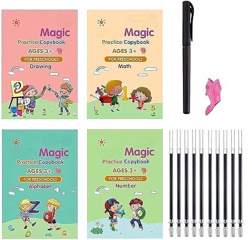 Sank Magic Practice for kids Copybook, Magic practice book for kids(4 BOOK + 10 REFILL+ 1 pen +1 grip) Number Tracing Book for Preschoolers with Pen, Magic Calligraphy Copybook Set Practical Reusable Writing Tool Simple Hand Lettering
