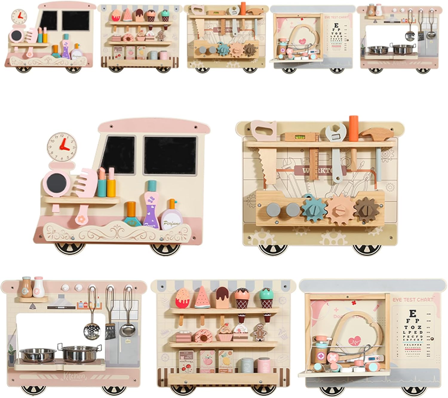 SHIERDU Wooden Sensory Wall Panel for Kids Activity Wall Busy Board with Wooden Toolboxes, Kitchen, Doctor Kit & More! Wall-Mounted Learning Toy for Preschoolers (3+), STEM Play