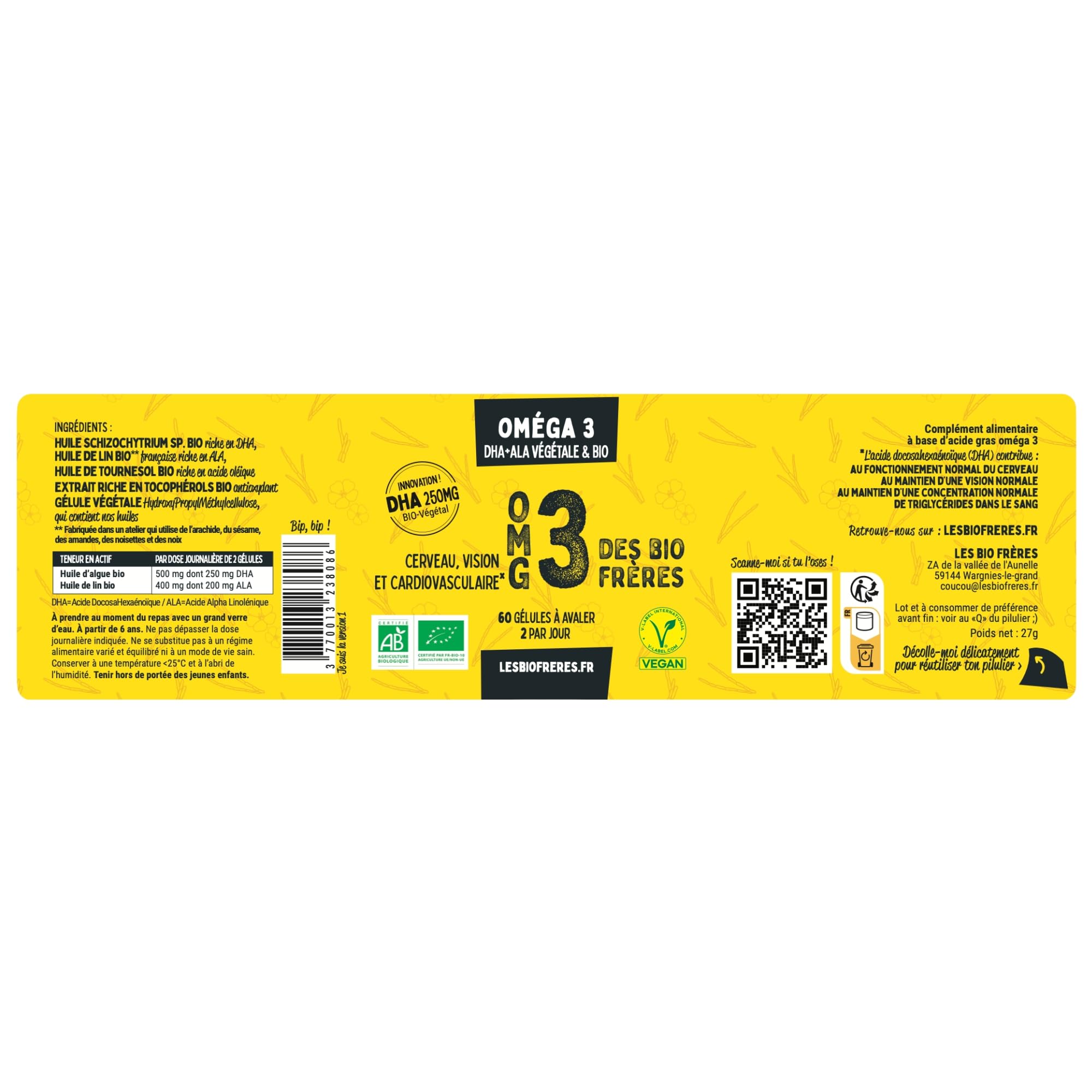 Oméga 3 Vegan & Bio - 250 mg DHA + 200 mg ALA - Microalgue & Huile de Lin Française - Cerveau & Vision - 1er DHA Certifié Bio - Fabrication Française - Cure 1 Mois (60 Gélules)