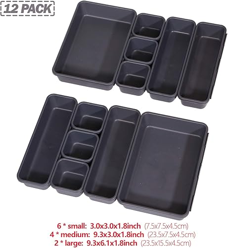 Miniatura 6 de Juego de 12 separadores de cajones de escritorio entrelazados, separadores de cajones estrechos de plástico, separadores y contenedores de