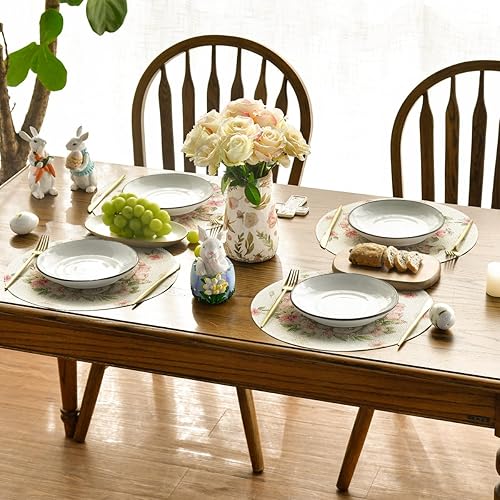 Miniatura 5 de Artoid Mode Juego de 4 manteles individuales de Pascua con diseño de conejo, conejo, flor y Pascua, manteles redondos de 15 pulgadas para decoración