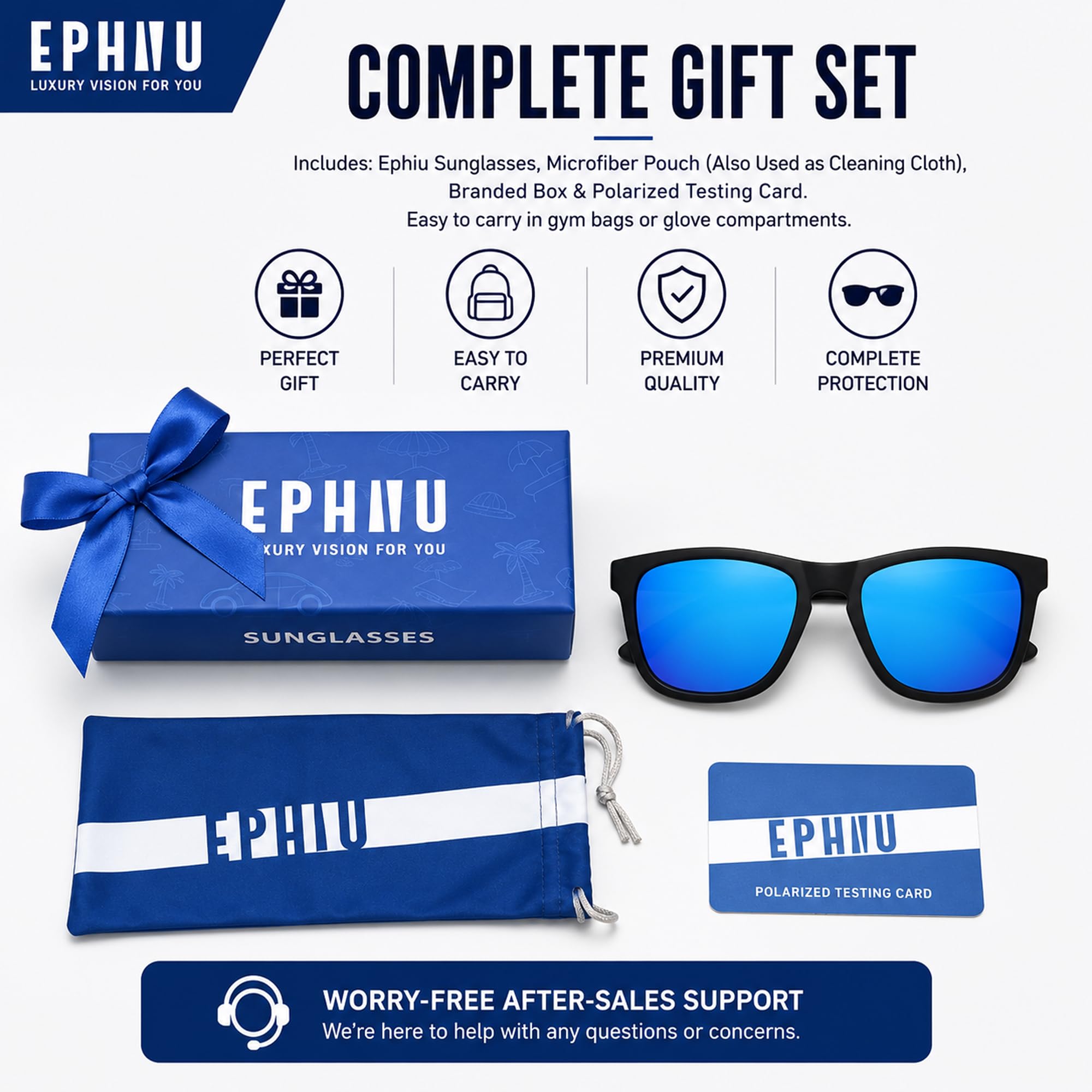 EPHIU Lentes de sol deportivos polarizados para hombres y mujeres, lentes de espejo para correr, senderismo, ciclismo (sin rebote, antideslizantes, cuadrados), Negro/Azul, Medium