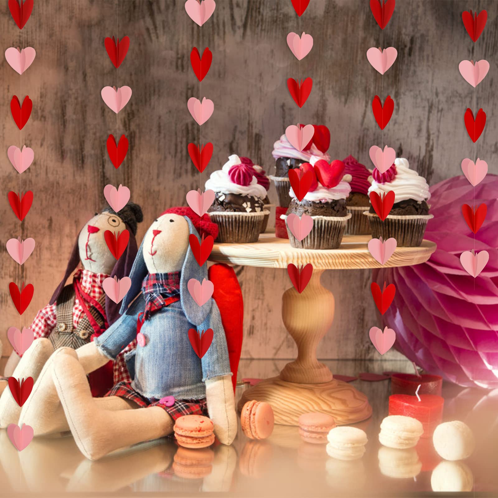 6-Piece Red & Pink 3D Heart Garland - Valentine's Day Party Decor Banner