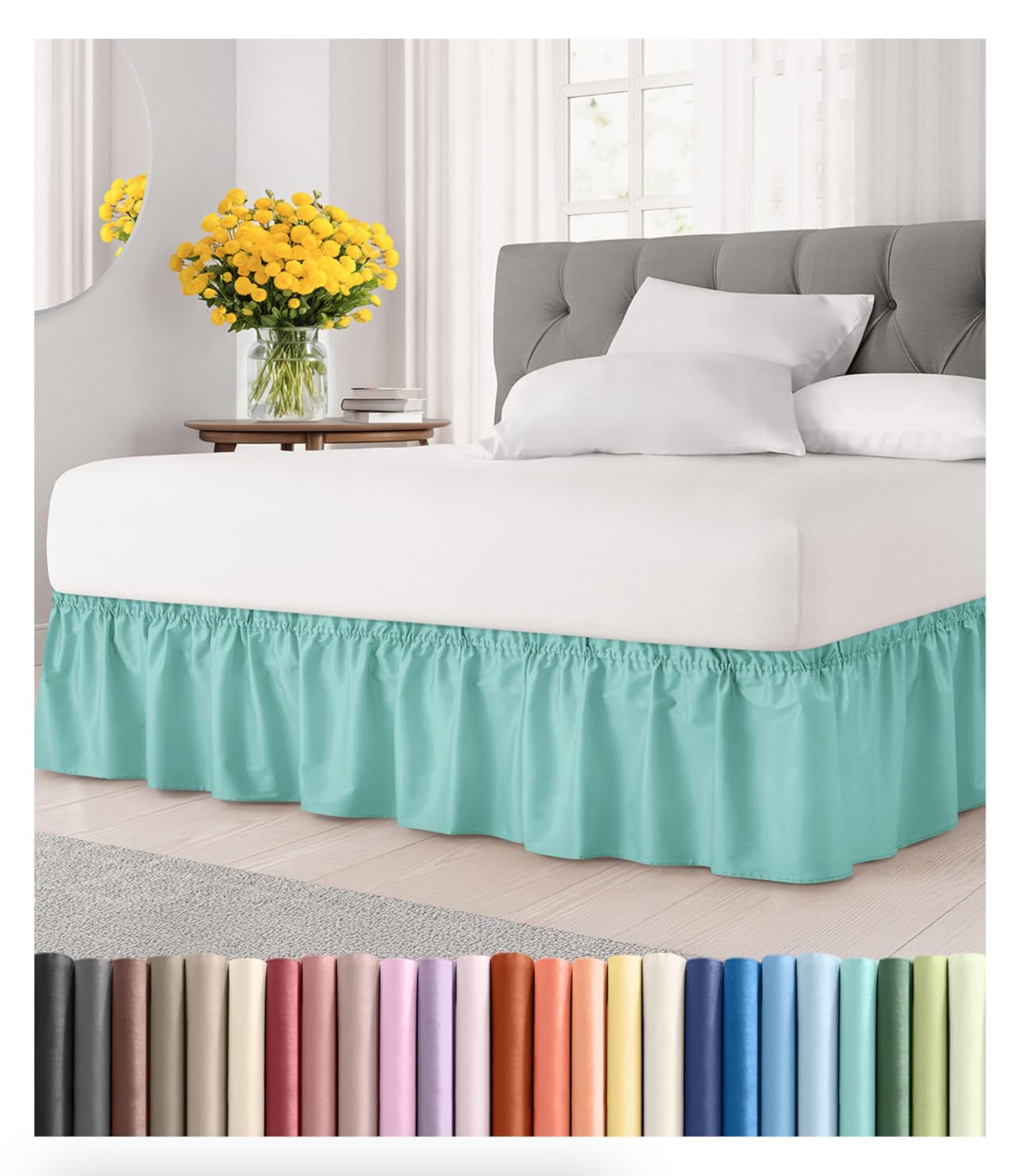 CGK Wrap Around Dust Ruffle Bed Skirt - Queen Size, 21" Inch, Spa Blue
