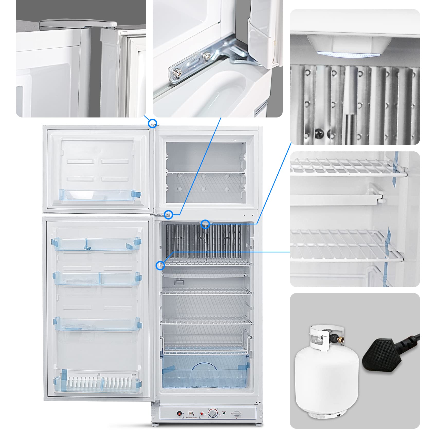 Smad Gas Kühlschrank mit Gefrierfach, Gas/230V, Leiser Kühlschrank, Kühl-Gefrierkombination (203L+62L), für Gîte, Garage, Camping, Wohnmobil, 265L, Weiß