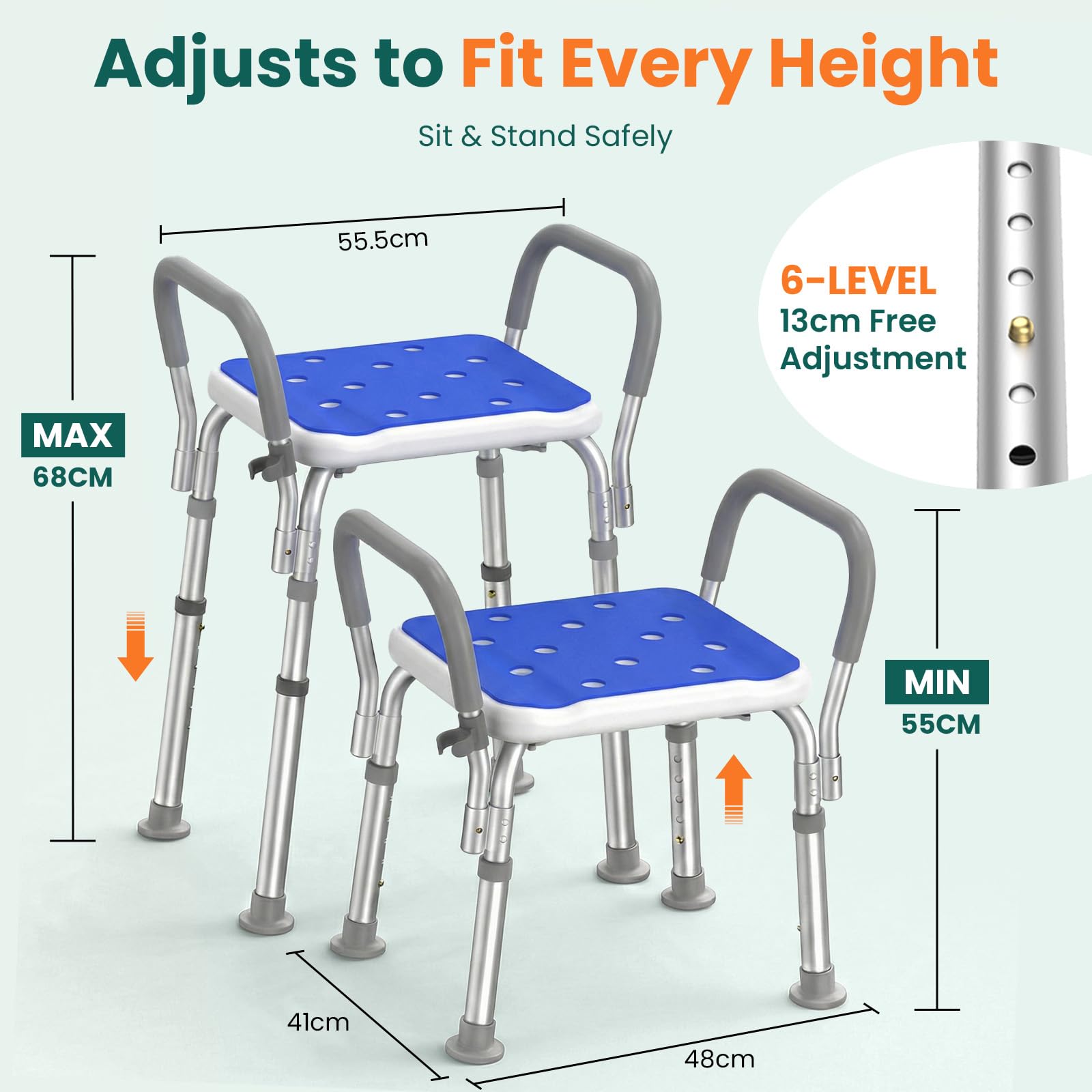 LC12 Sedia da Doccia con Schienale – Altezza Regolabile a 6 Livelli (55–68 cm), Seduta Antiscivolo con Schienale Imbottito, Sgabello Doccia per Anziani, Disabili e Donne in Gravidanza