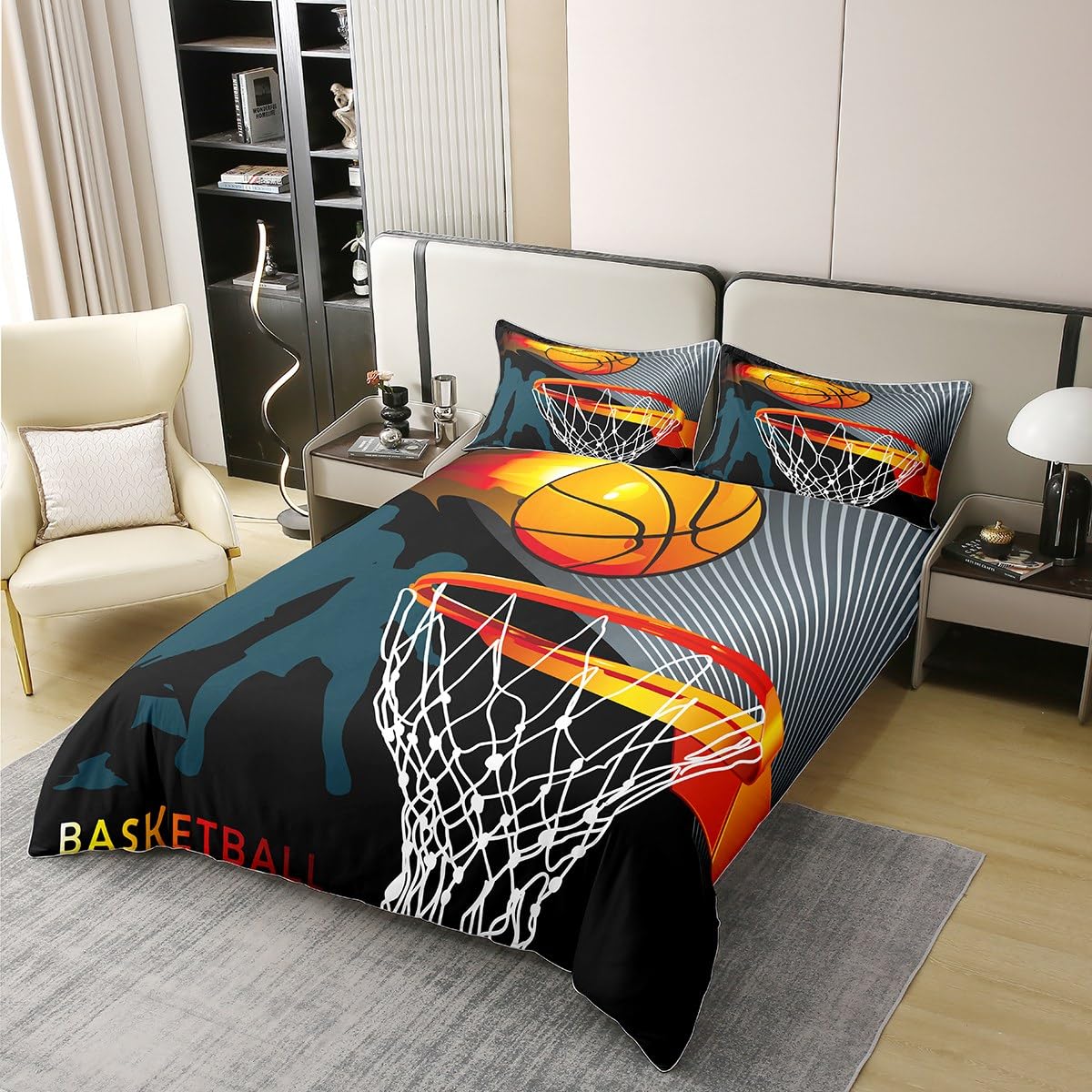 Loussiesd Sports Basketball 100% Cotton Duvet Cover Single Size Set Sports Theme Bedding 100% Cotton Set Boys 3D Basketball Pattern Comforter Cover Slam Dunk Quilt Cover Bedroom Collection 2Pcs - Image 3