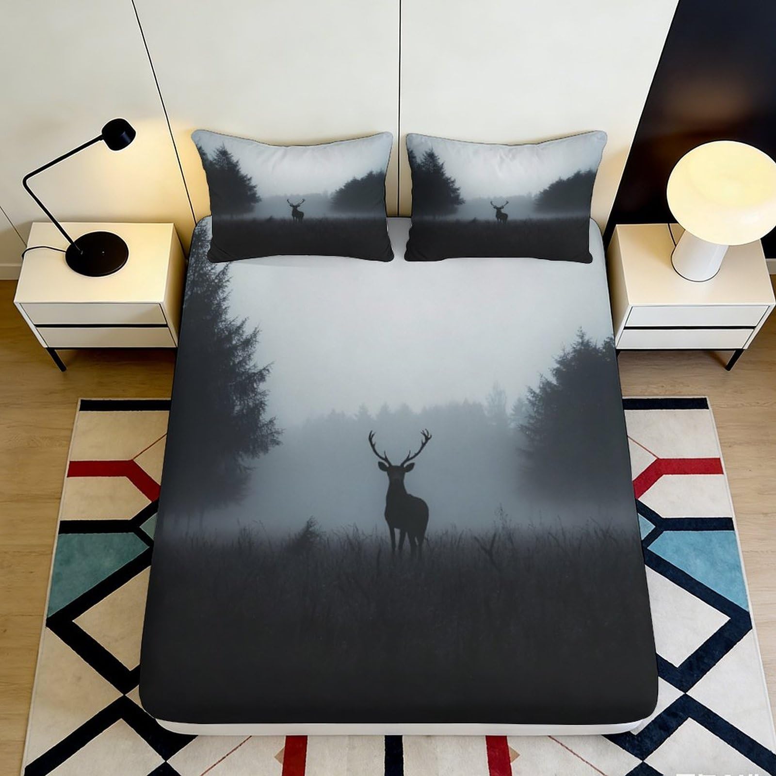 Dhbaneiok Style-5 3D Printed Misty Forest Fitted Sheet Microfiber Soft Deer Silhouette Bed Cover For Bedroom Dorm Decor 90X200x25cm