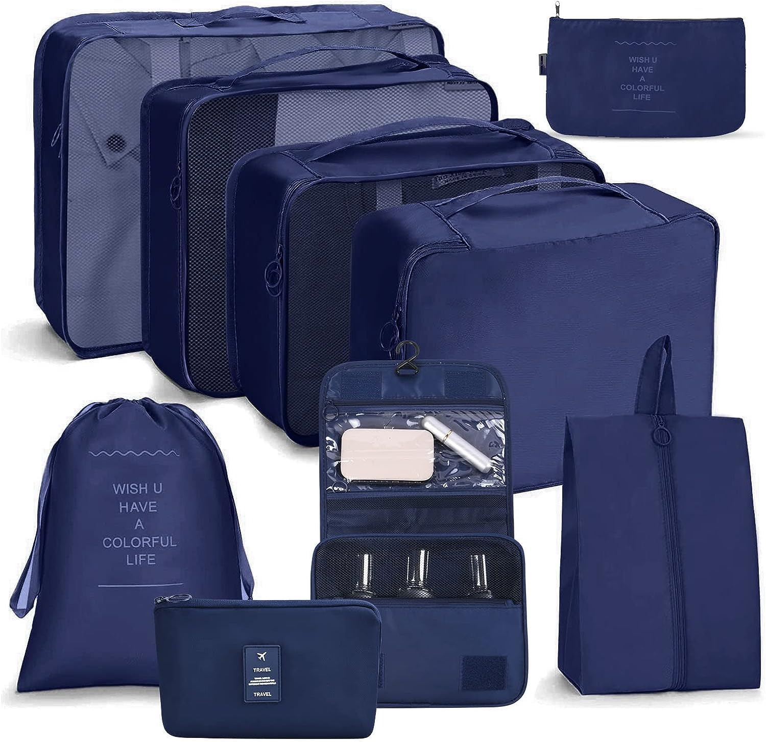 House of Quirk Polyester 9Pcs Set Travel Organizer Packing Cubes Lightweight Travel Luggage Organizers With Laundry Bag (Dark Blue), 30 Centimeters, 12 Centimeters-image-49