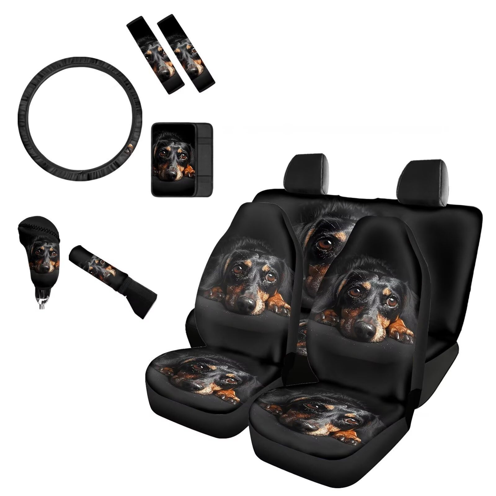 Forchrinse Dachshund Print Car Seat Covers Front Back for Women Men Full Sets 10pcs with 15'' Steering Wheel Cover/Seatbelt Strap Cover Universal Fit