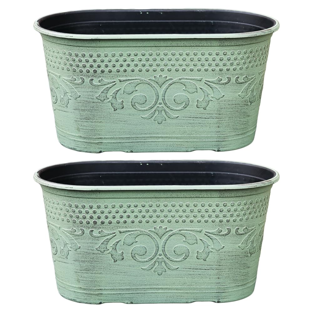 Darthome Green Patina Eden Trough Planter, Plastic, Small, Oval, Baroque Pattern, Frost Resistant, 28Cm X 14Cm X 15Cm (2)