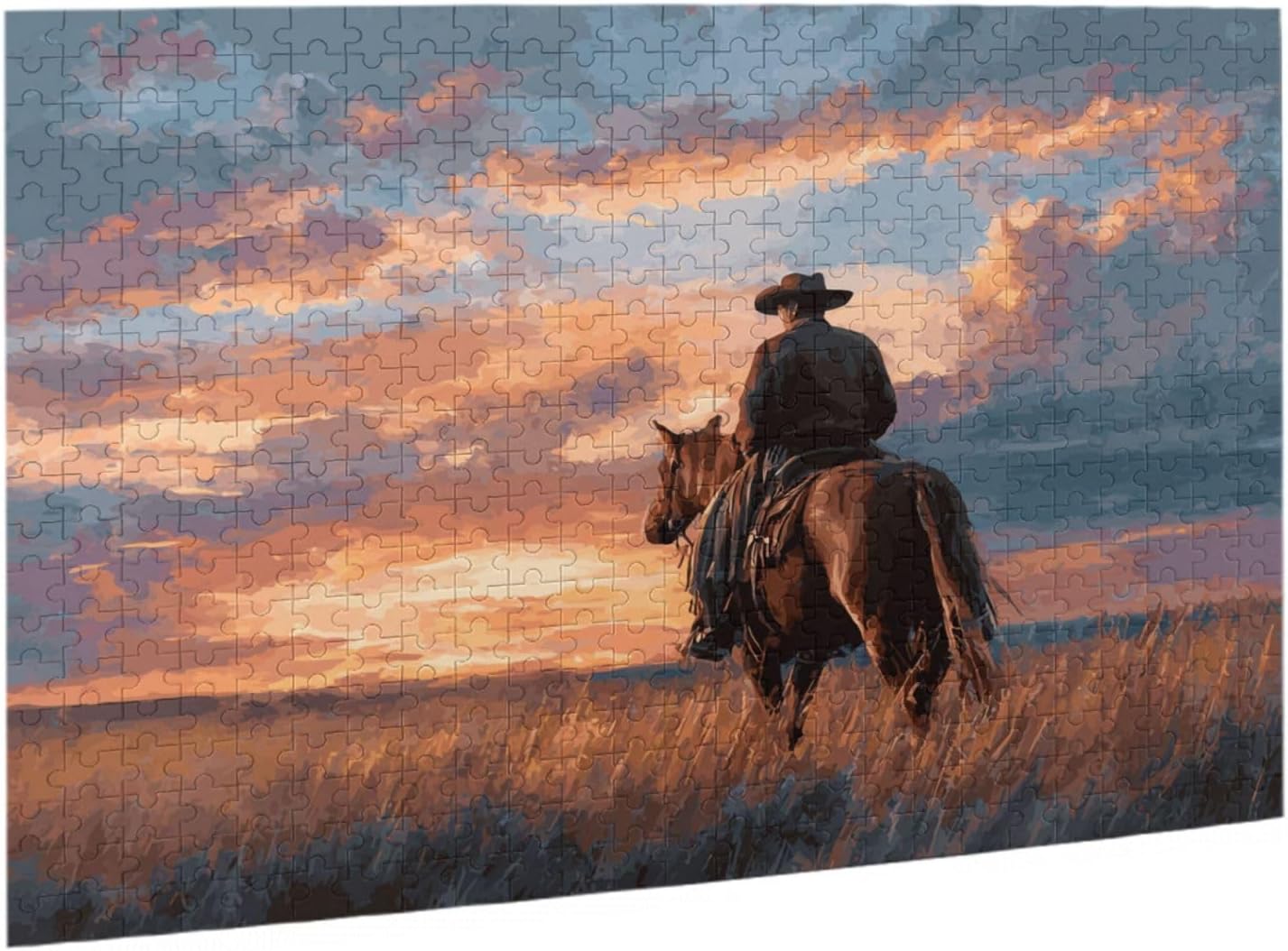Western Cowboy On Horse At Sunset Wooden Jigsaw Puzzles for Adults 500 Pieces, Stress-Relieving Brain Game for Western Art Fans, Ideal for Home Leisure & Solo Relaxation