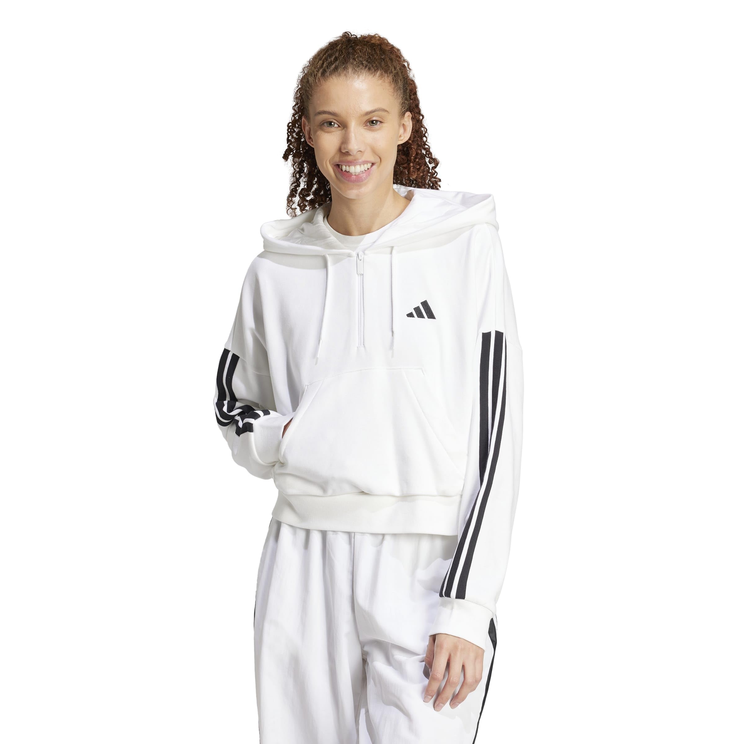 adidas Kobiety ESSENTIALS 3-STRIPES FRENCH TERRY QUARTER-ZIP HOODIE, White/Black, S