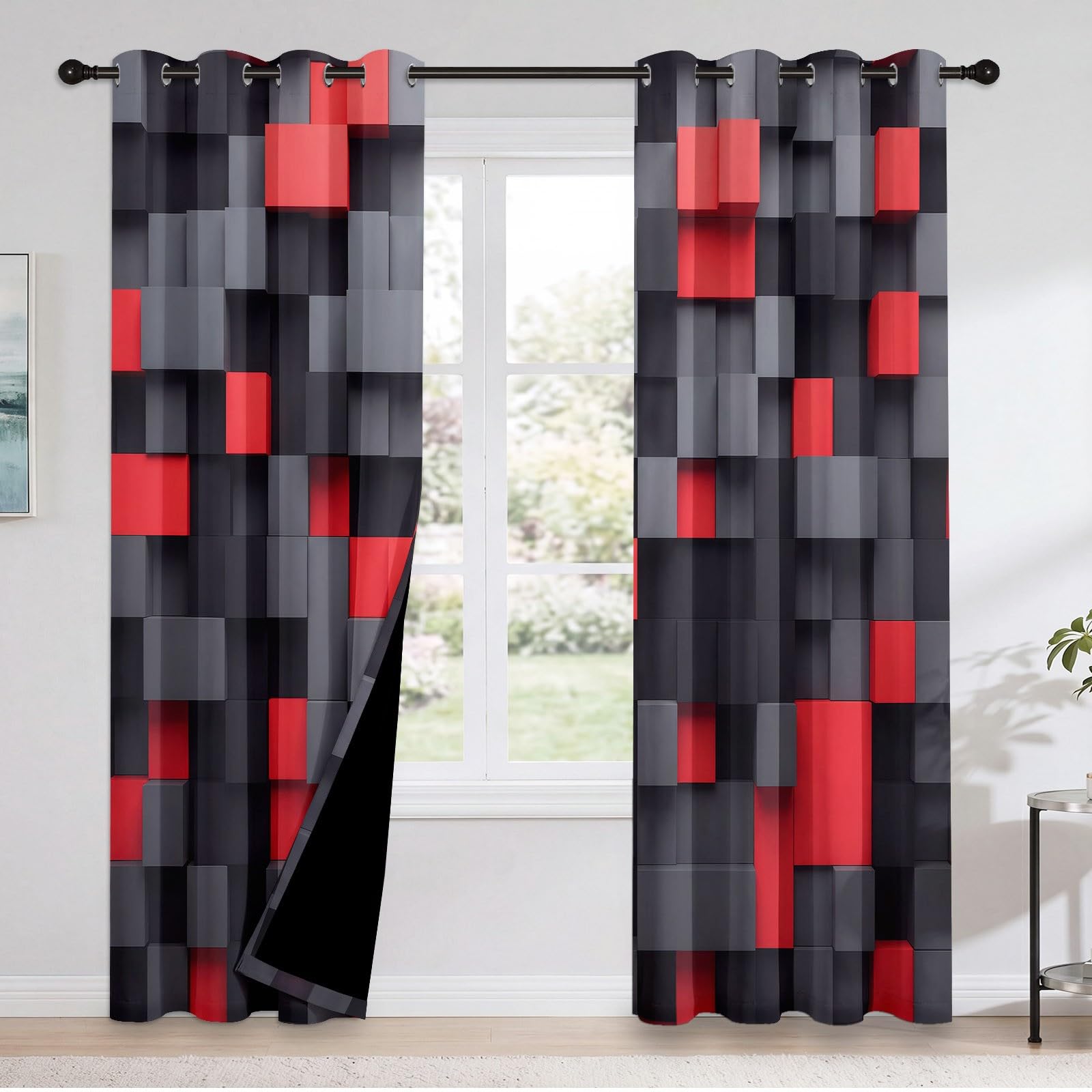 Verdunkelungsvorhänge Modern Minimalistisch, 3D Geometrisch Würfel Quadrate Farbblöcke Vorhänge mit Ösen für Wohnzimmer, H245 x B100 cm 2 Paneele Blickdicht Thermovorhang für Schlafzimmer, Schwarzgrau