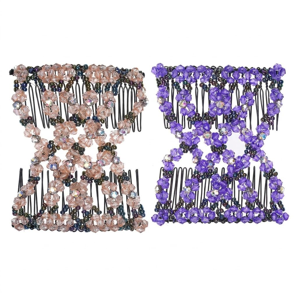LOVEF 2 Pack Magic Beaded Stretchy Hair Combs, Handmade Double Metal Wire Hair Clips for Women Girls (Random Color)
