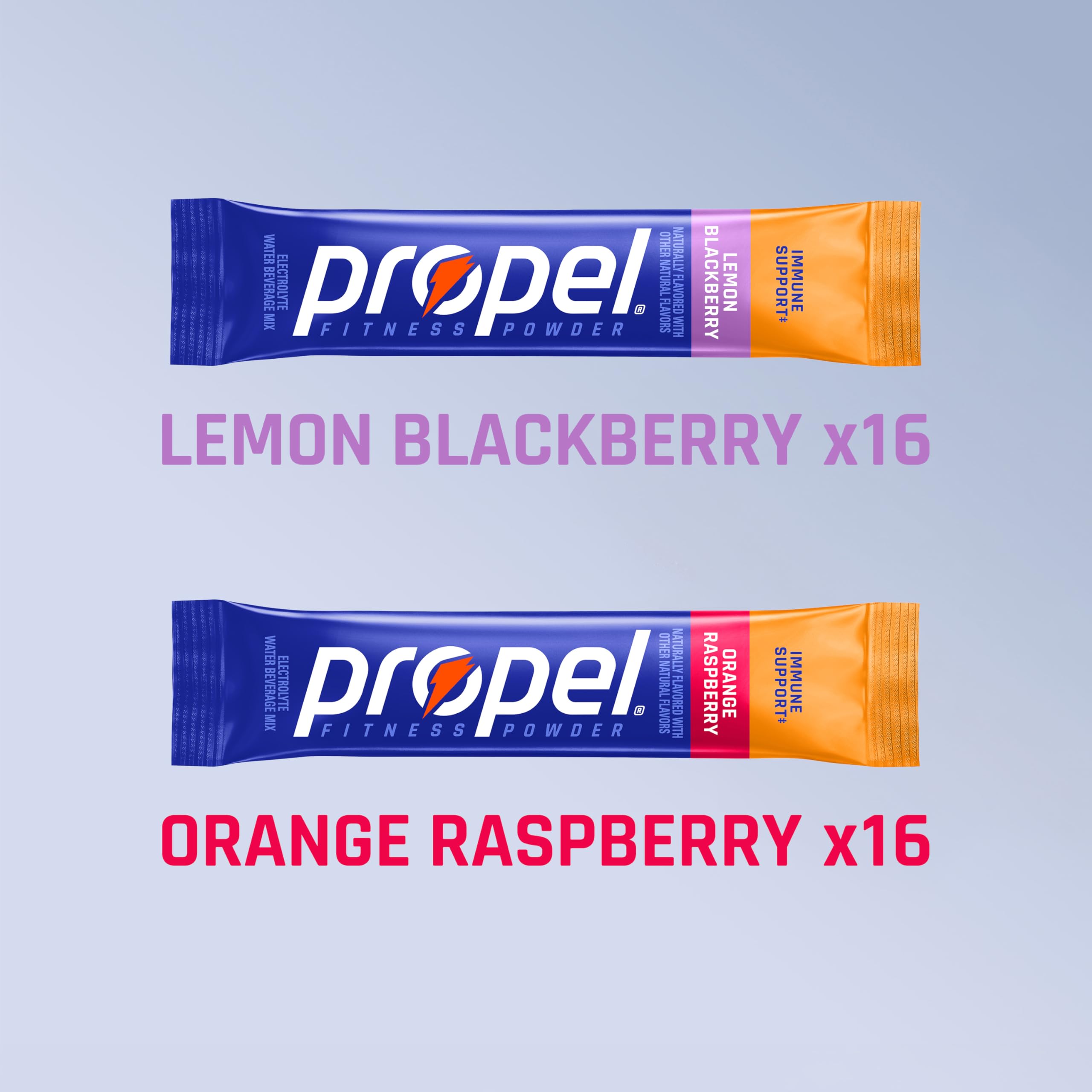 Propel Immune Support Electrolyte Powder Drink Mix, Variety Pack, (32 Servings), 100% DV Vitamin C, Good Source of Zinc, Zero Sugar, Gatorade Electrolytes, No Added Colors, No Artificial Flavor