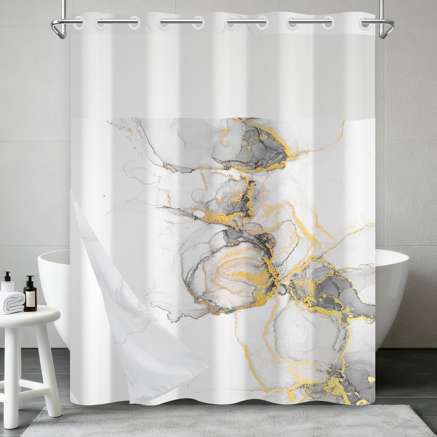 White Gold Marble Shower Curtain with Snap in Liner, Waterproof Fabric No Hook Shower Curtain with See Through Top Window, Minimalism Modern Hotel Style Bathroom Curtains and Weighted Hem, 71x74 Inch