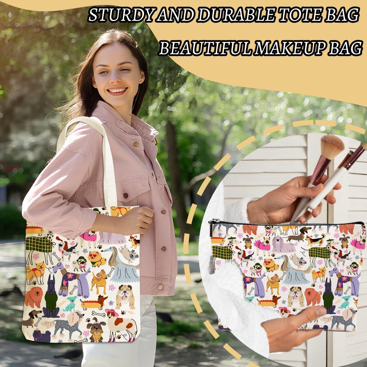 Aesthetic Dog Gifts Dog Mom Gifts for Women, Dogs Lover Pet Owner Girls Sister Makeup Bag Canvas Tote Bag, Reusable Grocery Bags with Inner Pocket for Shopping Birthday Christmas Friendship Wedding - Image 5