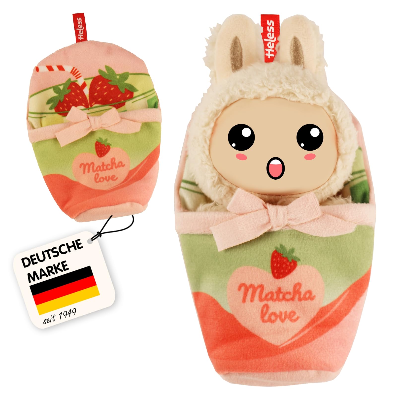 Heless Monster Styles 7523 Doll Sleeping Bag in Matcha Design with Strawberries, with Loop, Kawaii Set for Monster Size 15 cm