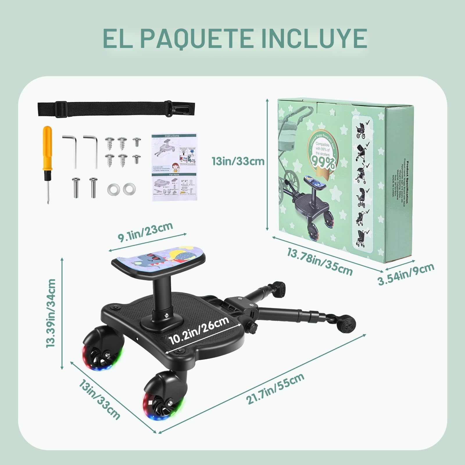 Patinete Carro Bebe Universal, Tabla para Cochecito con Asiento Estampado, Buggy Board con Ruedas Intermitentes, Compatible con Más del 99% de Los Cochecitos, Cargar 25KG