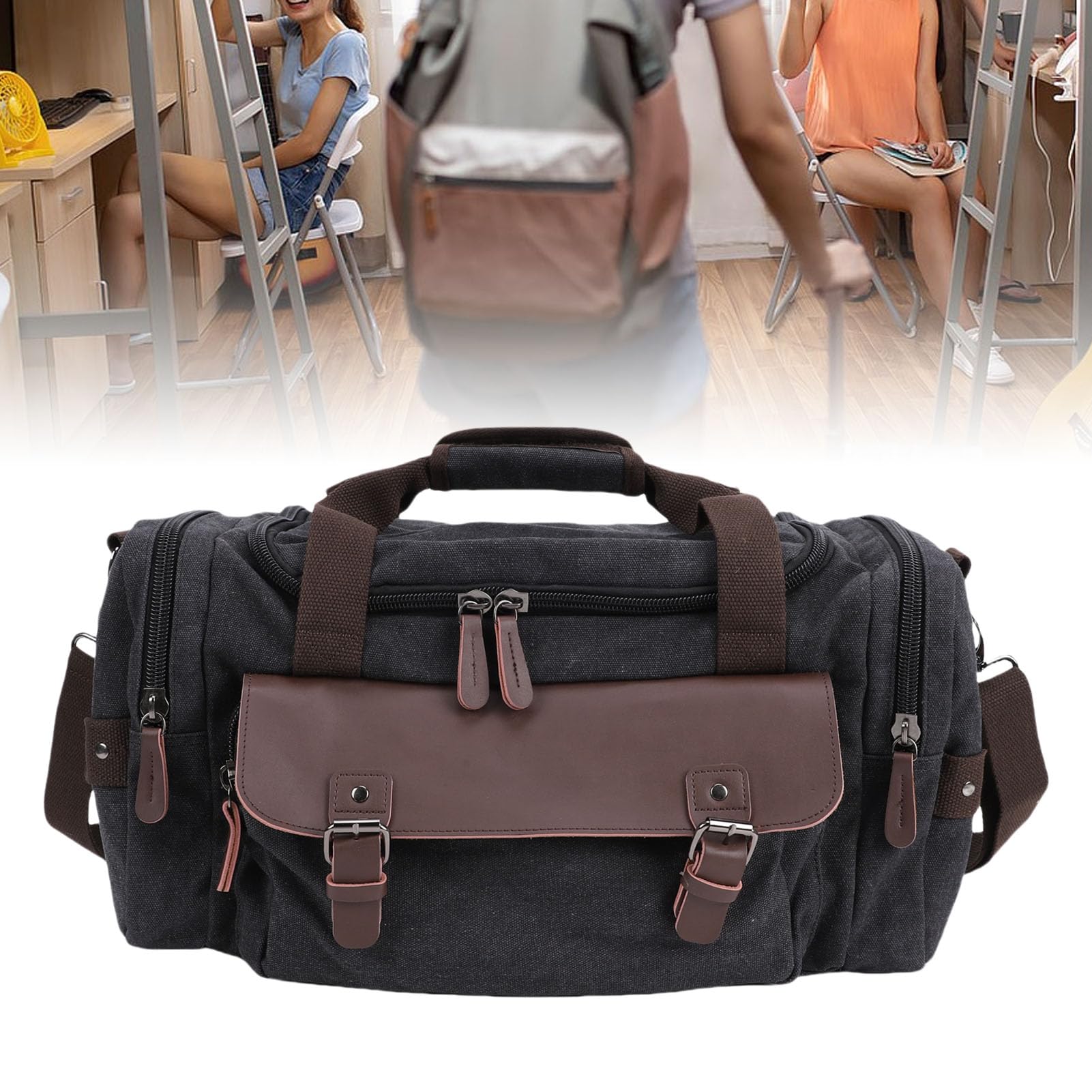 Borsa da viaggio in tela impermeabile con grande capacità per brevi viaggi di lavoro, tre modalità di trasporto, per il pendolare degli studenti, Nero , casual