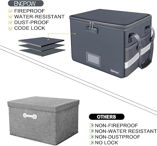 Miniatura 56 de ENGPOW - Caja ignífuga con cerradura, organizador de almacenamiento con cremalleras, caja de documentos ignífuga plegable con asa, caja de seguridad