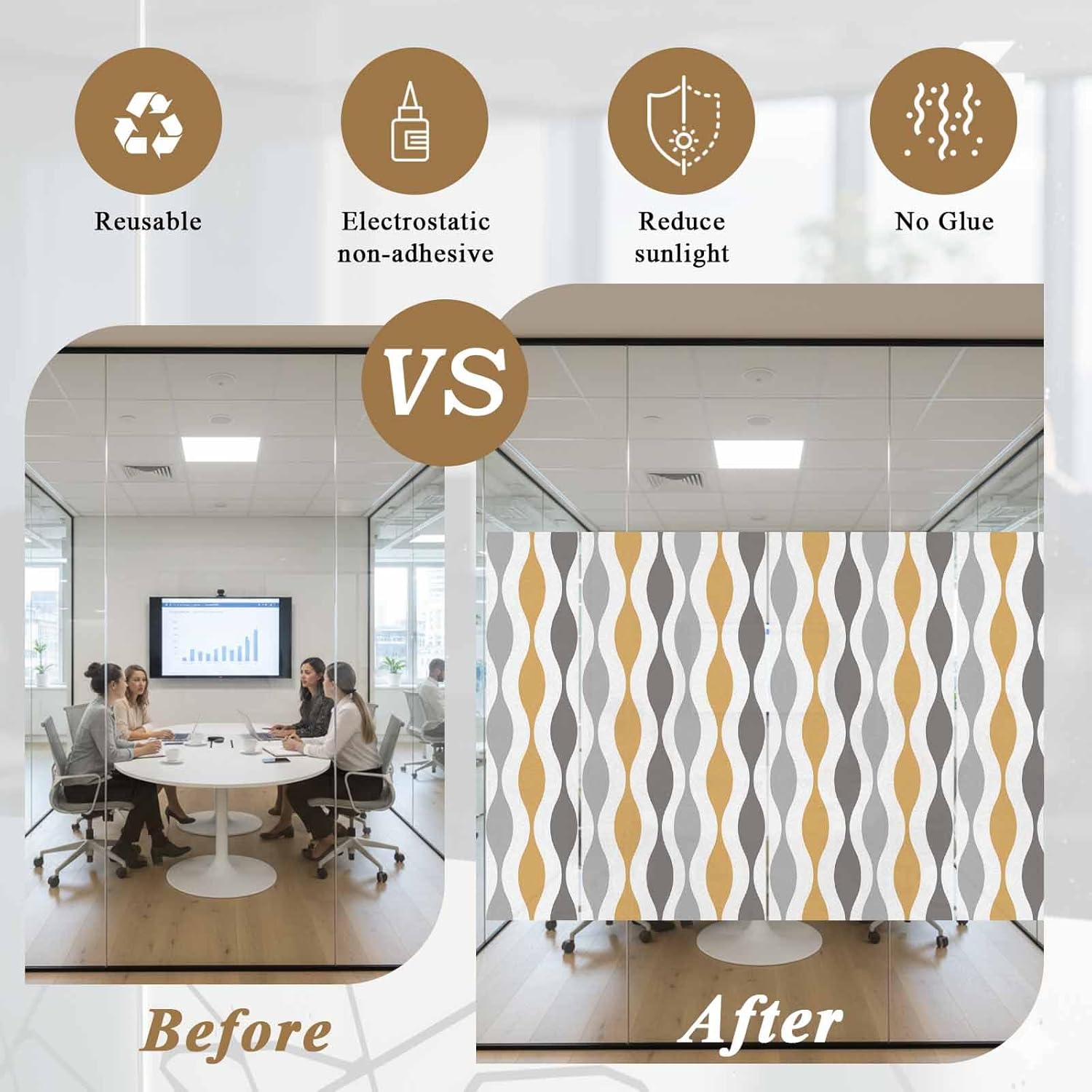 Yellow Gray Window Privacy Film Medieval Print Waves Geometric Decorative Glass Window Film UV Blocking Static Cling Non-Adhesive Sticker Covering for Home Door 29.5 x 118 inches