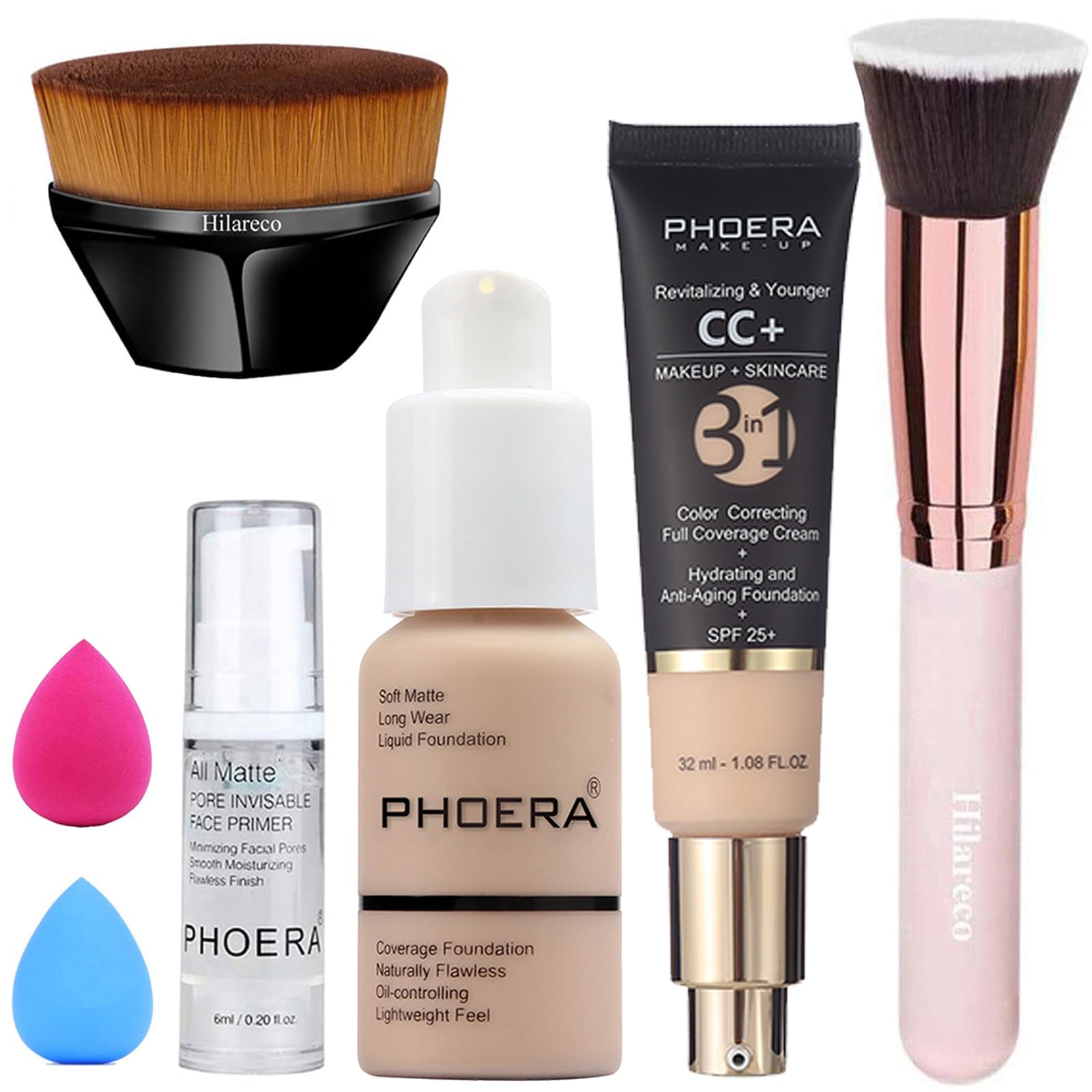 Hilareco PHOERA Foundation, CC Cream Foundation Color Correcting Anti Aging Hydrating Serum & SPF 25+, Primer, Makeup Foundation, Makeup Brushes (102
